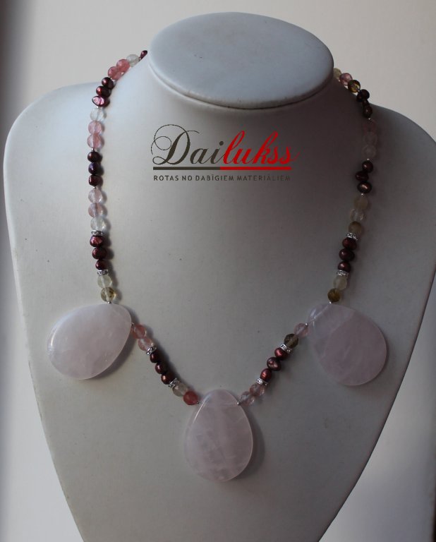 Turmalīns, pērles,Rožu kvars